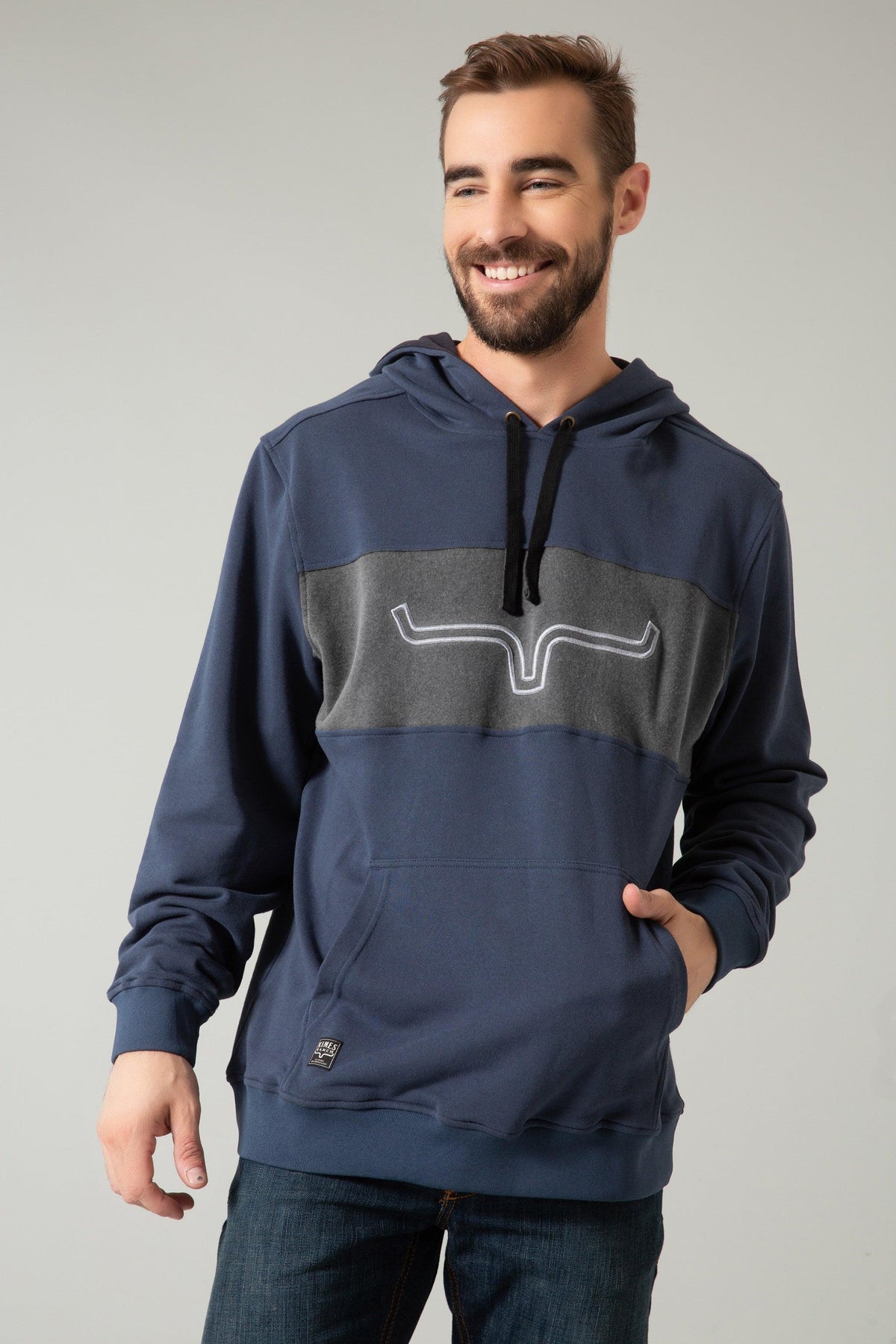 Kimes Ranch Ripon Hoodie in Navy with a grey chest panel and white Kimes Ranch logo
