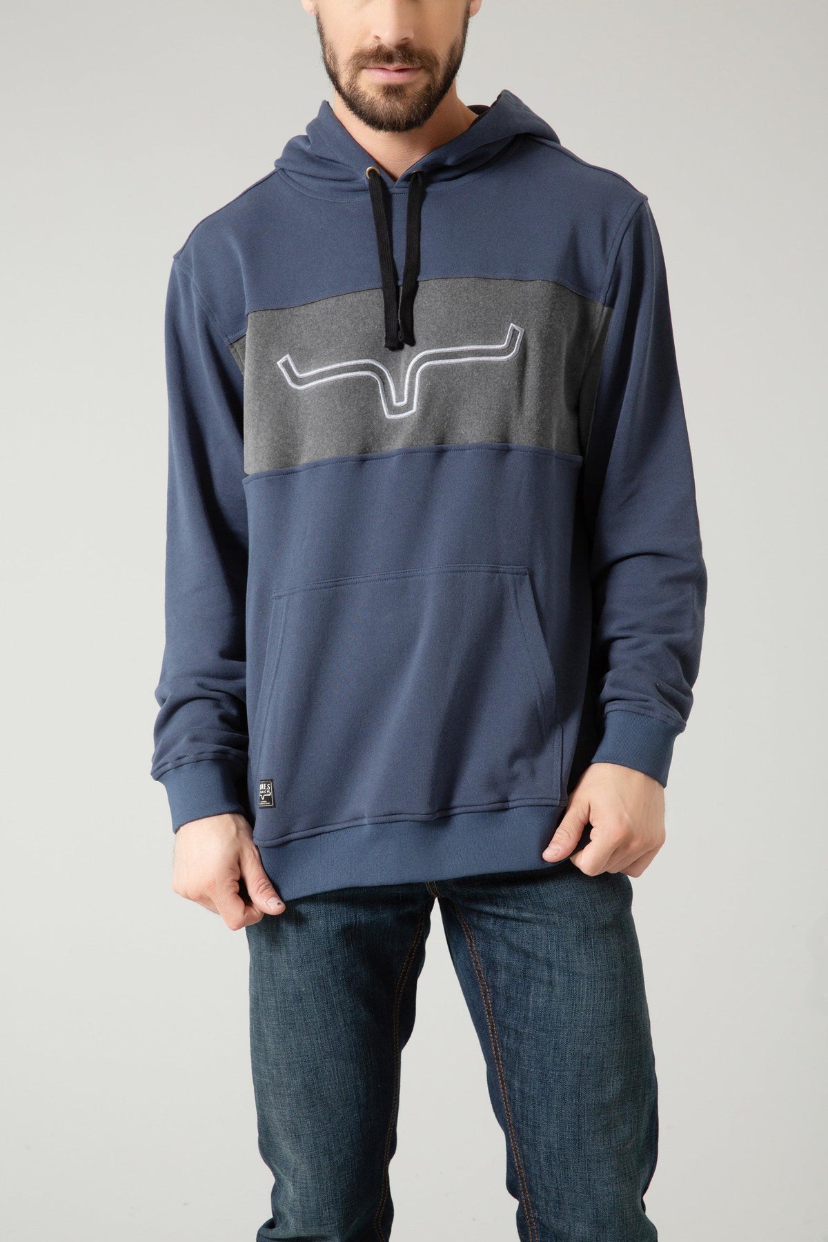 Kimes Ranch Ripon Hoodie in Navy with grey chest panel and white logo outline and kangaroo pocket