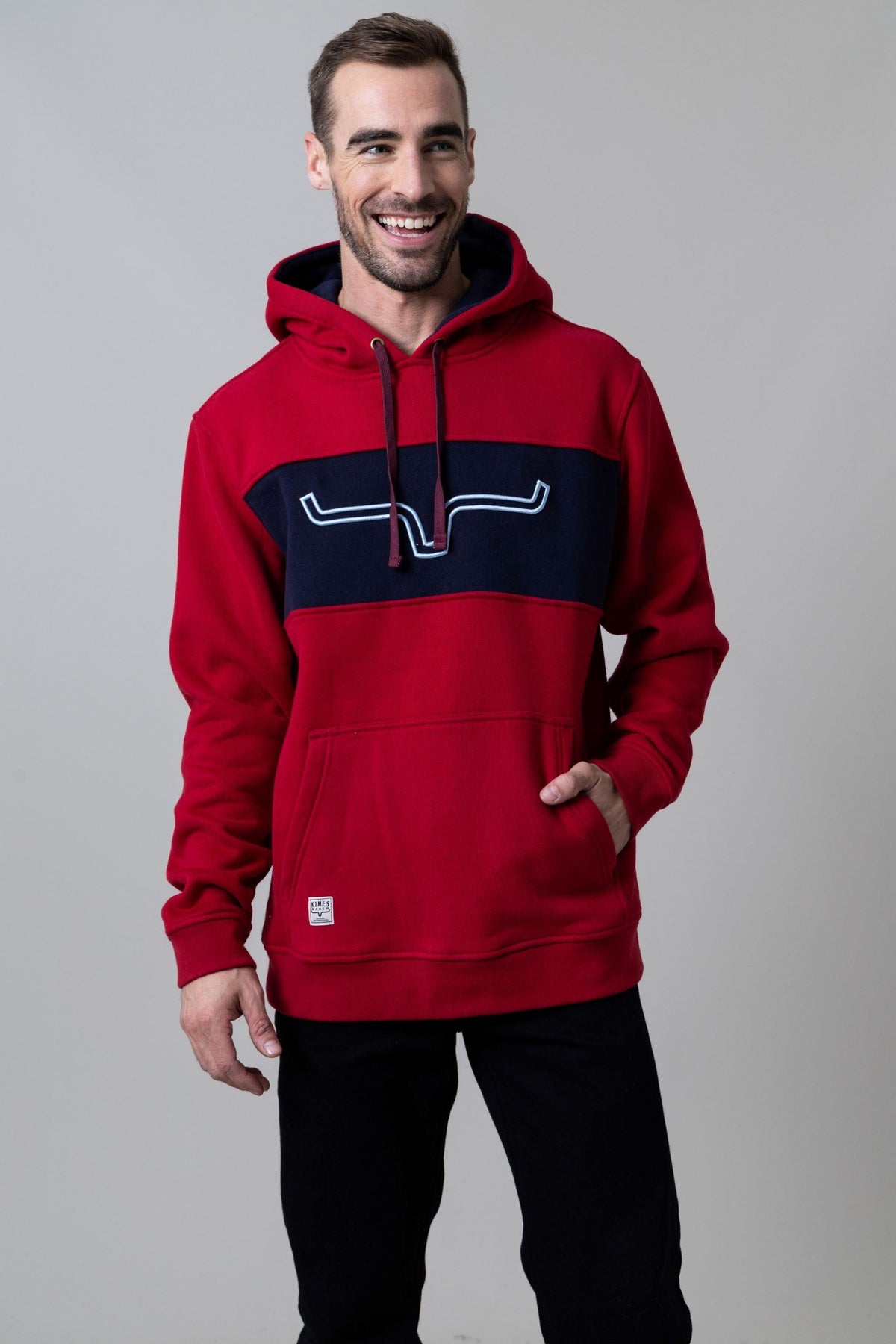 Kimes Ranch Ripon Hoodie in Red with navy chest panel and Kimes Ranch logo