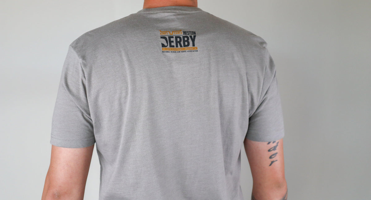 Kimes Ranch Randy Paul NRCHA Derby Tee Shirt in Grey, back view, with Western Derby back graphic