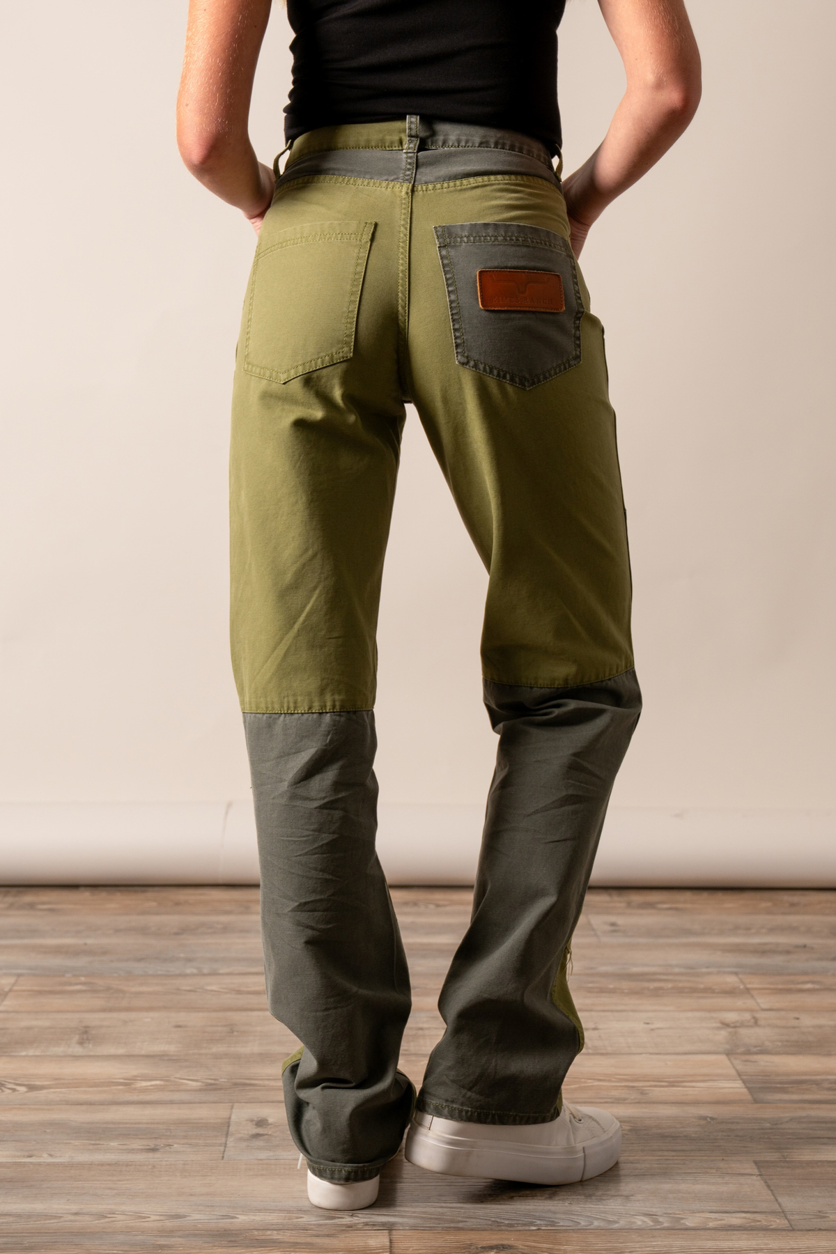 Kimes Ranch Sadona pants in Moss, back view, with back pockets and contrasting grey lower legs