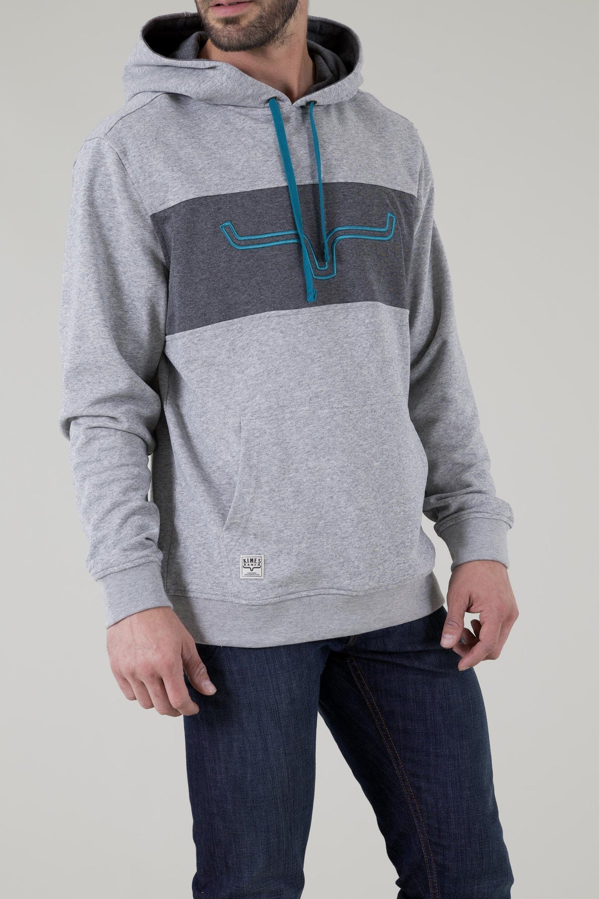 Kimes Ranch Side Winder Hoodie in Grey Heather with a dark grey chest panel and teal embroidered logo
