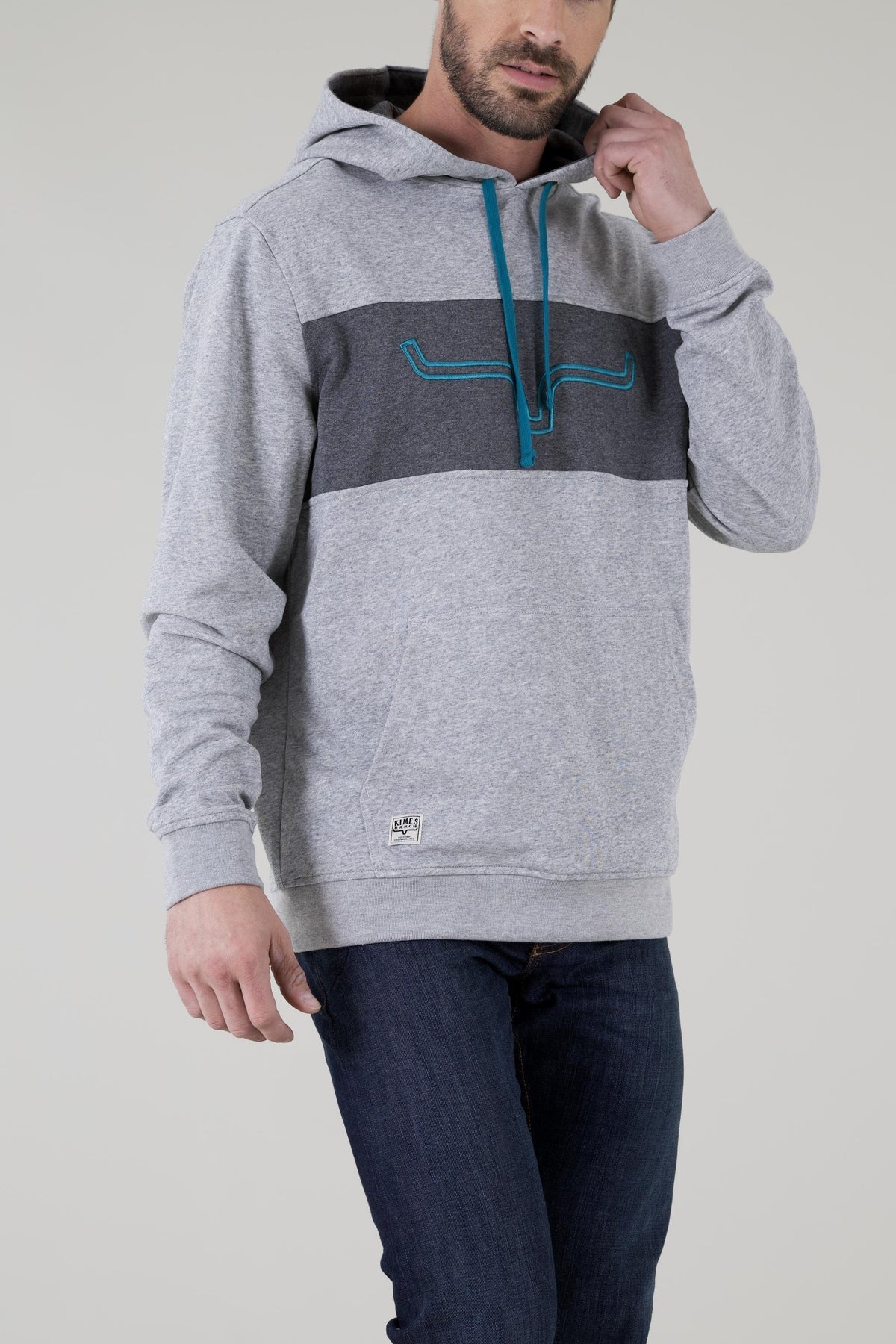 Kimes Ranch Side Winder Hoodie in Grey Heather with a dark grey chest panel and teal embroidered logo