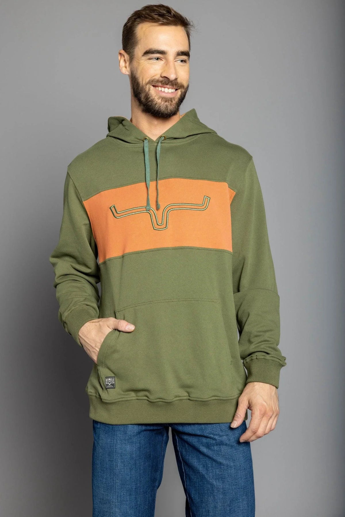 Kimes Ranch Side Winder Hoodie in Army with an orange chest panel and embroidered steer logo