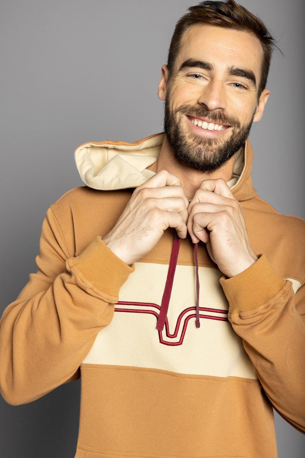 Kimes Ranch Side Winder Hoodie in Work Wear Brown with cream chest panel and maroon embroidered wavy line detail