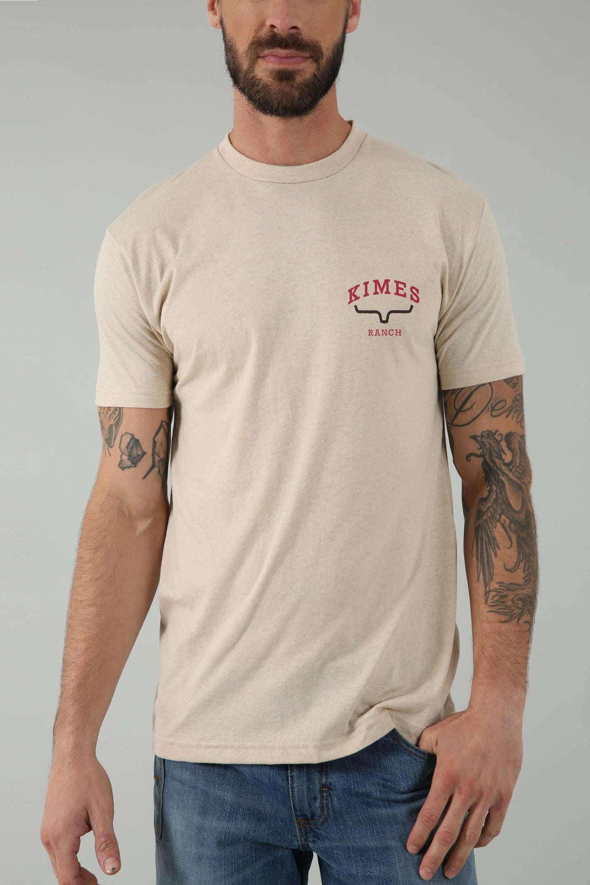Kimes Ranch Since 2009 Shirt in Sand with a crew neck and short sleeves featuring the Kimes Ranch logo on the chest