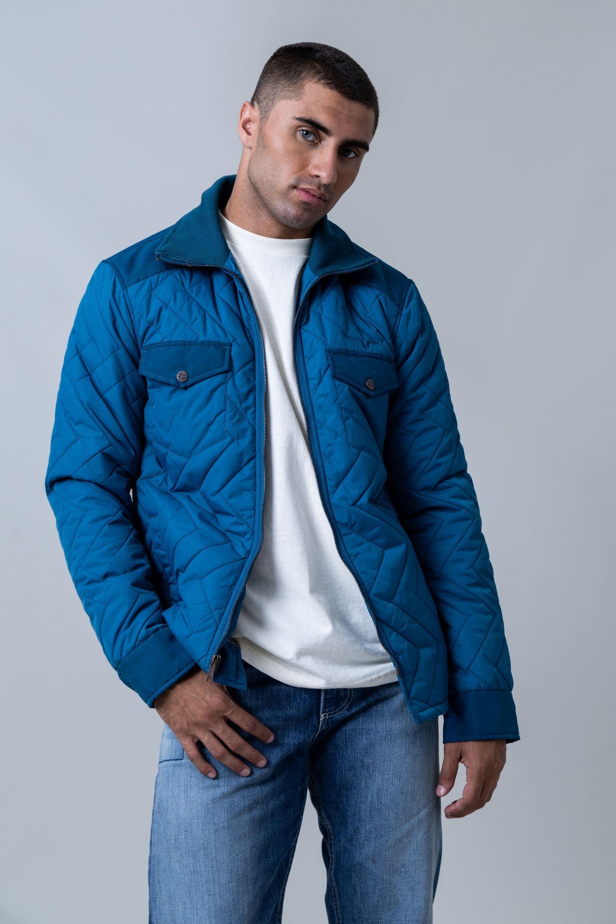 Kimes Ranch Skink Jacket in Mid Blue with a stand collar and zip front
