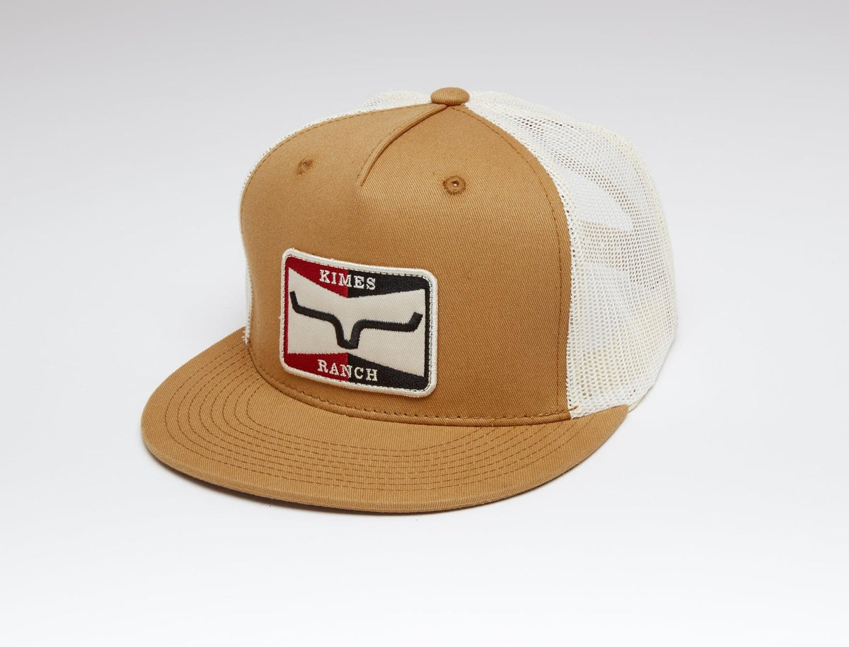 Kimes Ranch Sparky Trucker Hat in Work Wear Brown with white mesh back and embroidered Kimes Ranch logo patch