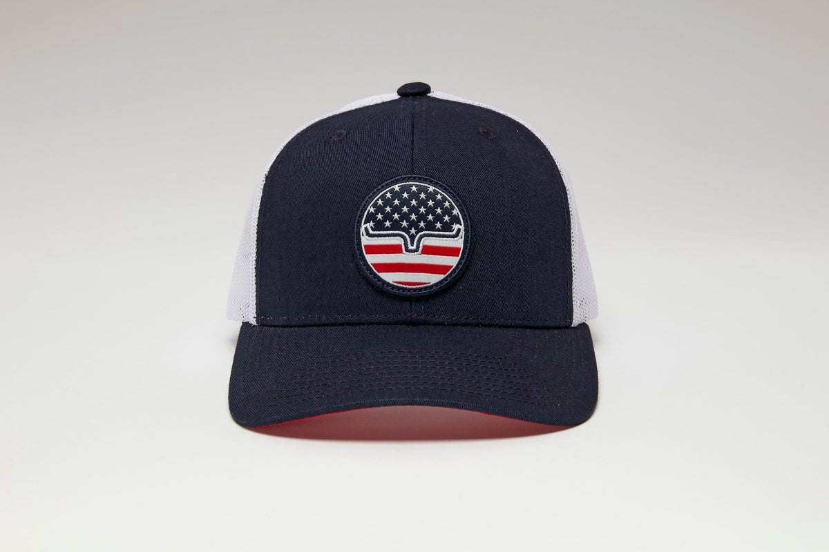Kimes Ranch Stars N Stripes Hat in Navy with white mesh back and a circular American flag patch