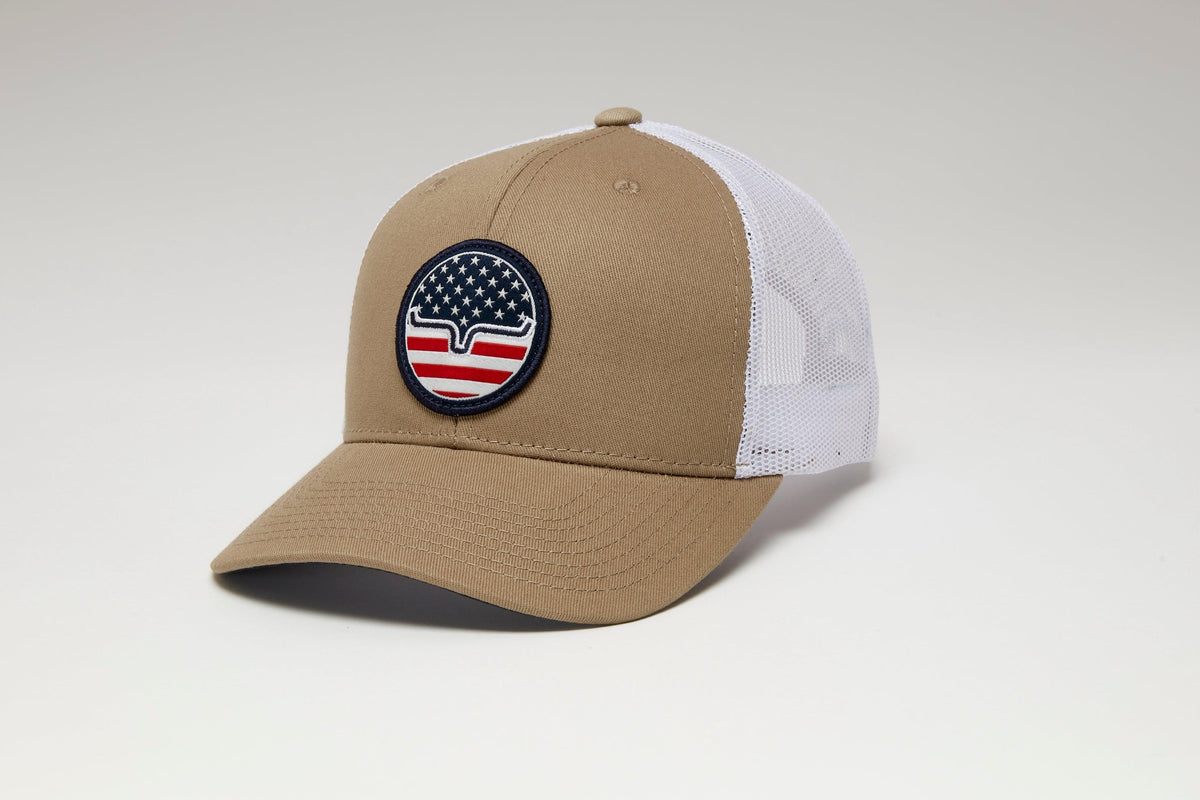 Kimes Ranch Stars N Stripes Hat in Work Wear Brown, side view, with white mesh back and embroidered American flag patch