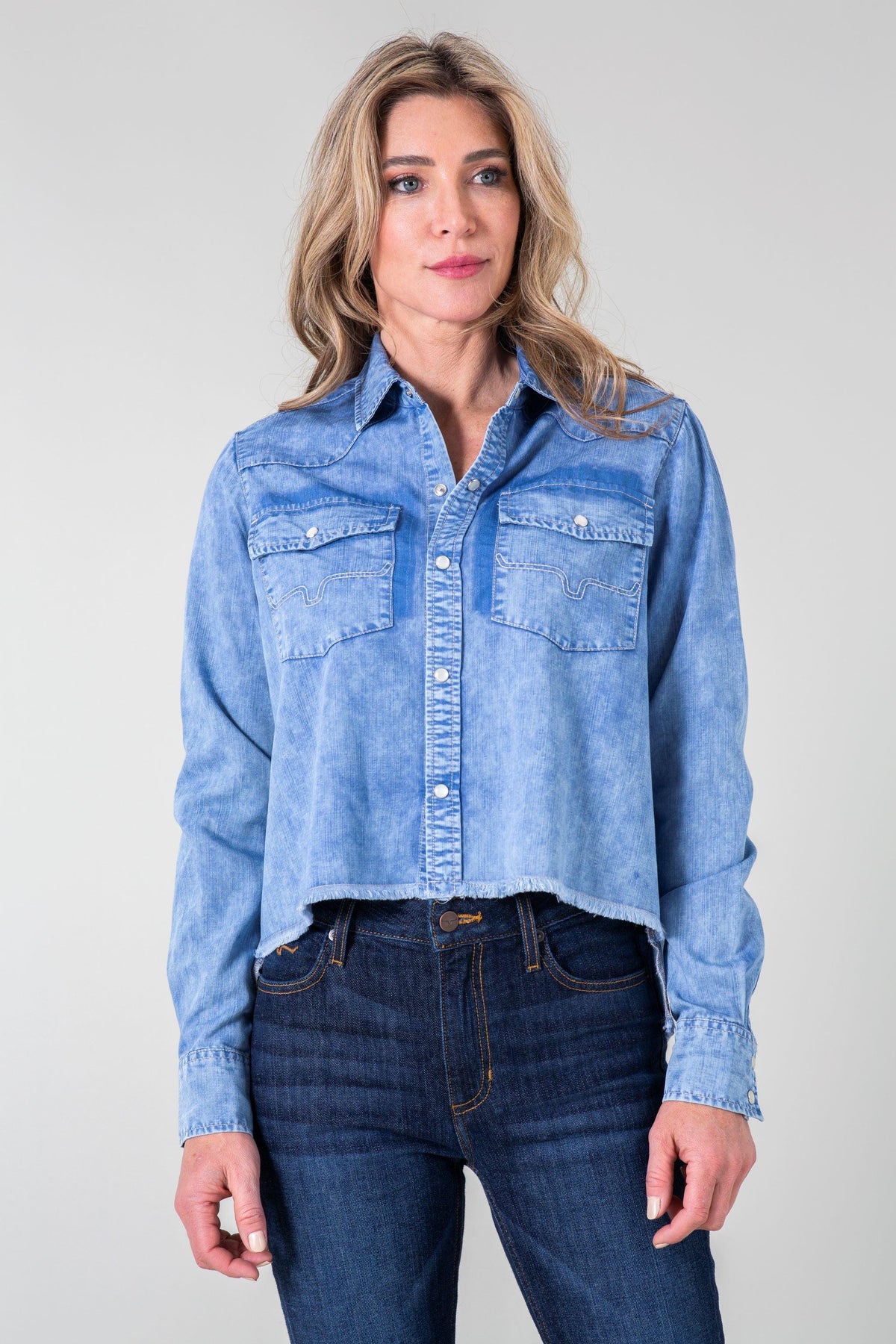 Kimes Ranch Sundowner Hi Lo Top in Indigo with a western yoke and two chest pockets