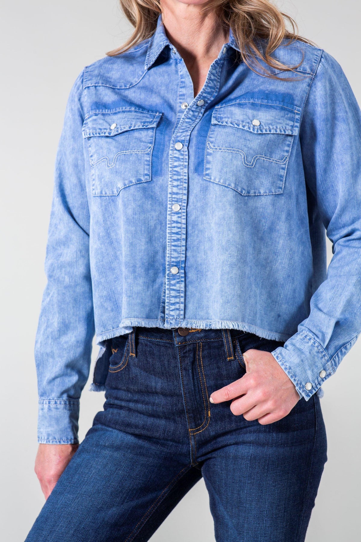 Kimes Ranch Sundowner Hi Lo Top in Indigo with western yoke and contrast stitching