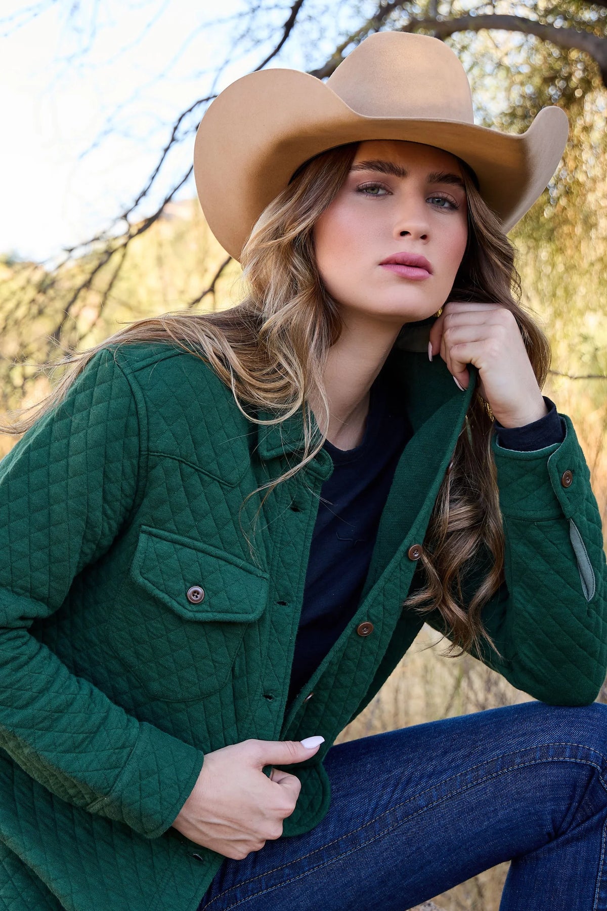 Kimes Ranch Susie Shacket in Forest with diamond quilting and button front