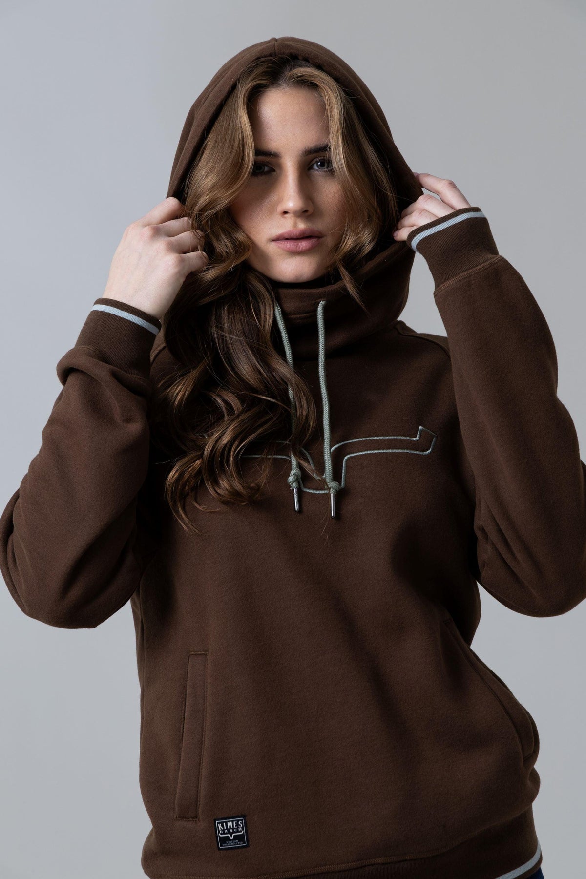 Kimes Ranch Two Scoops Hoodie in Brown with contrast stitching and a front pocket