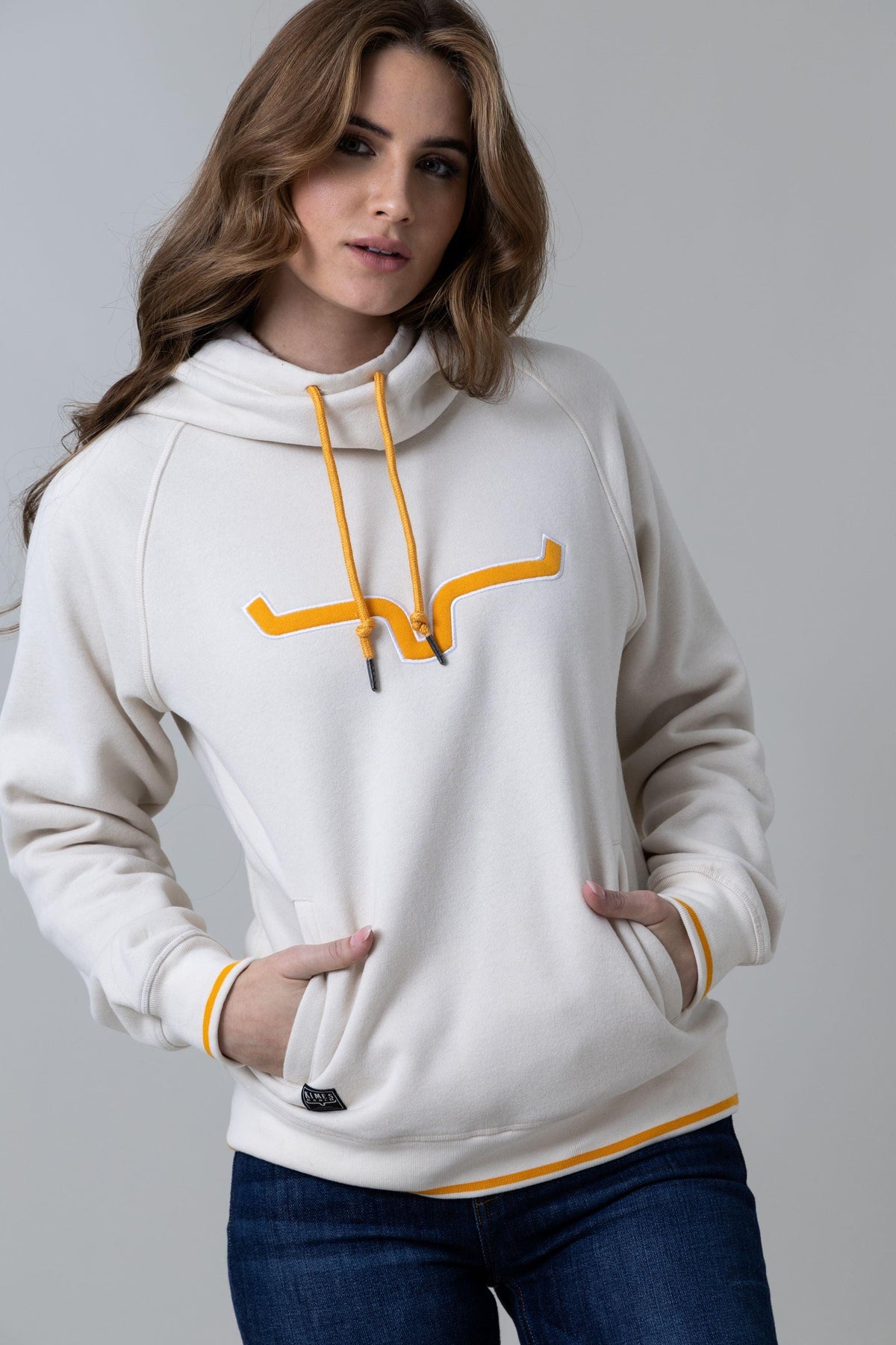 Kimes Ranch Two Scoops Hoodie in Natural with a yellow longhorn logo and drawstrings