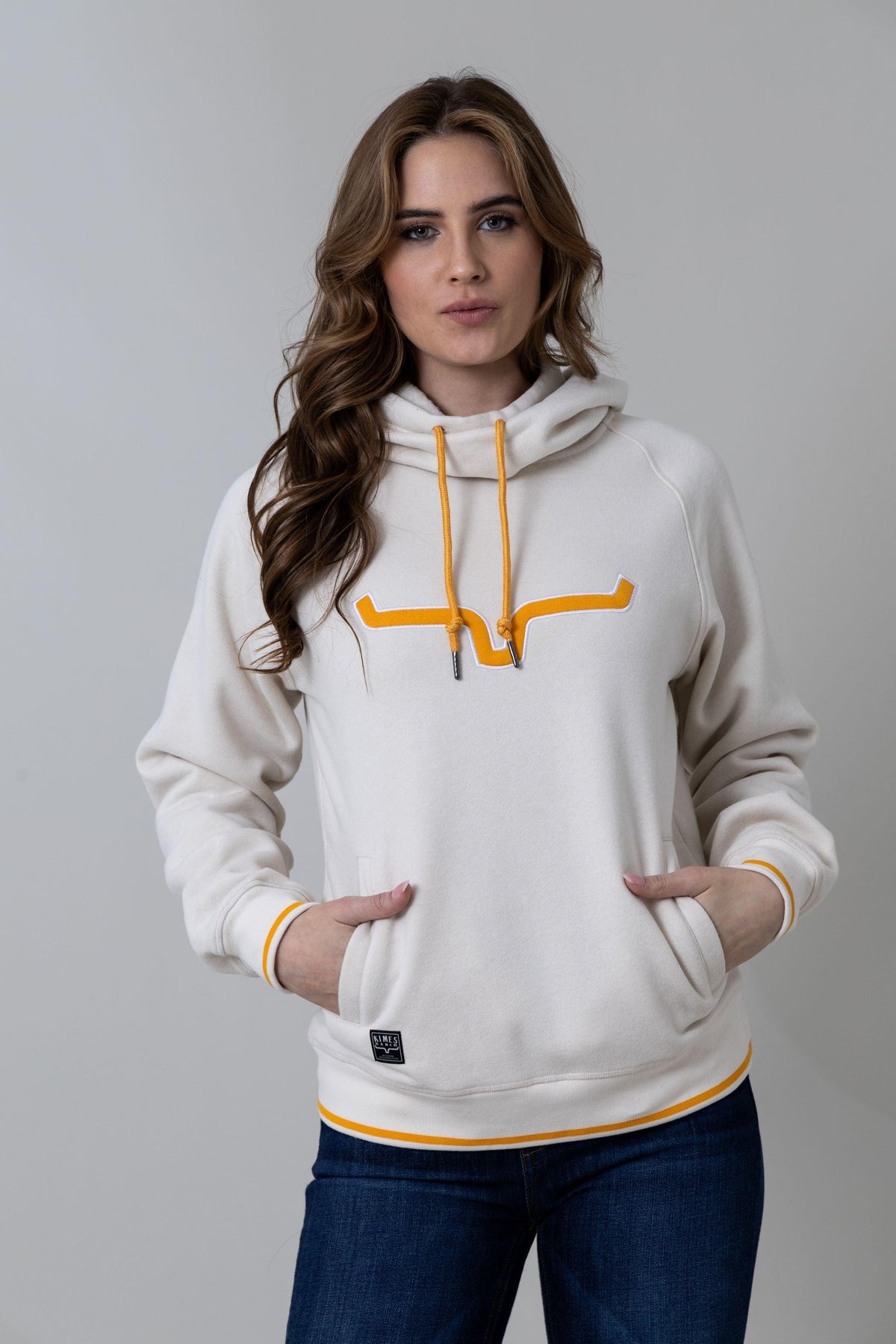 Kimes Ranch Two Scoops Hoodie in Natural with mustard yellow drawstrings and logo with ribbed cuffs and hem