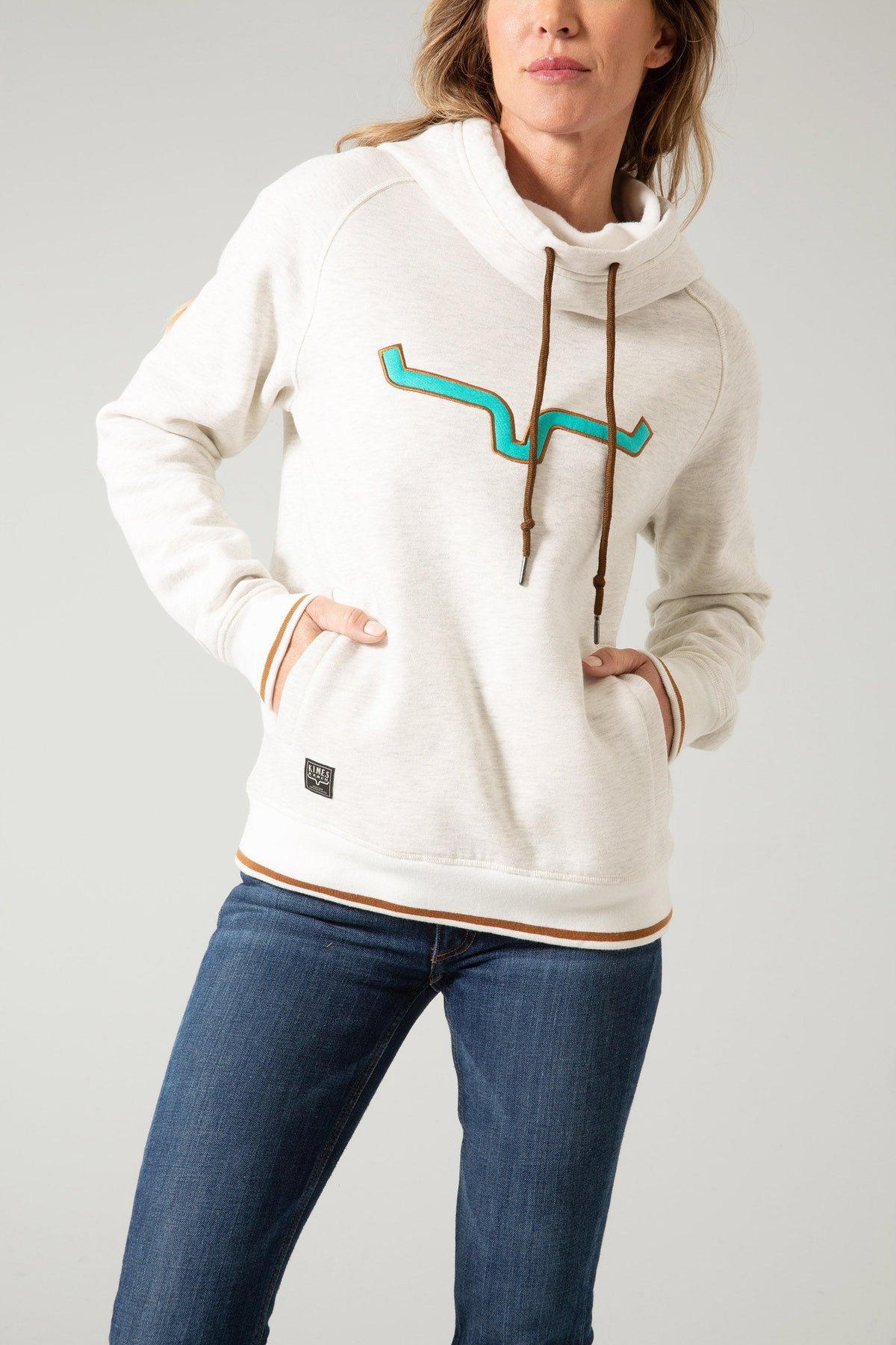 Kimes Ranch Two Scoops Hoodie in Oatmeal with a teal and brown graphic and front pockets