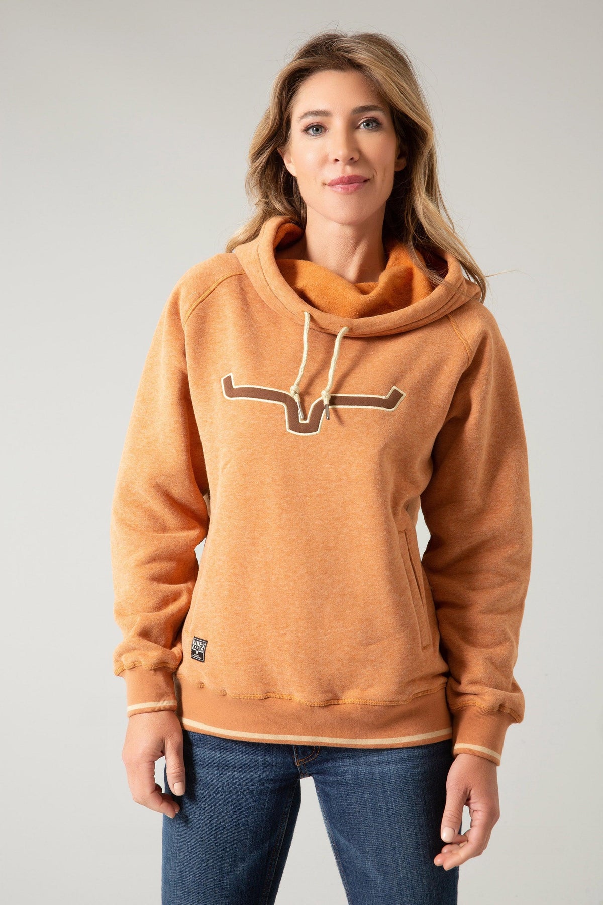Kimes Ranch Two Scoops Hoodie in Rusty Heather with a longhorn graphic and front kangaroo pocket