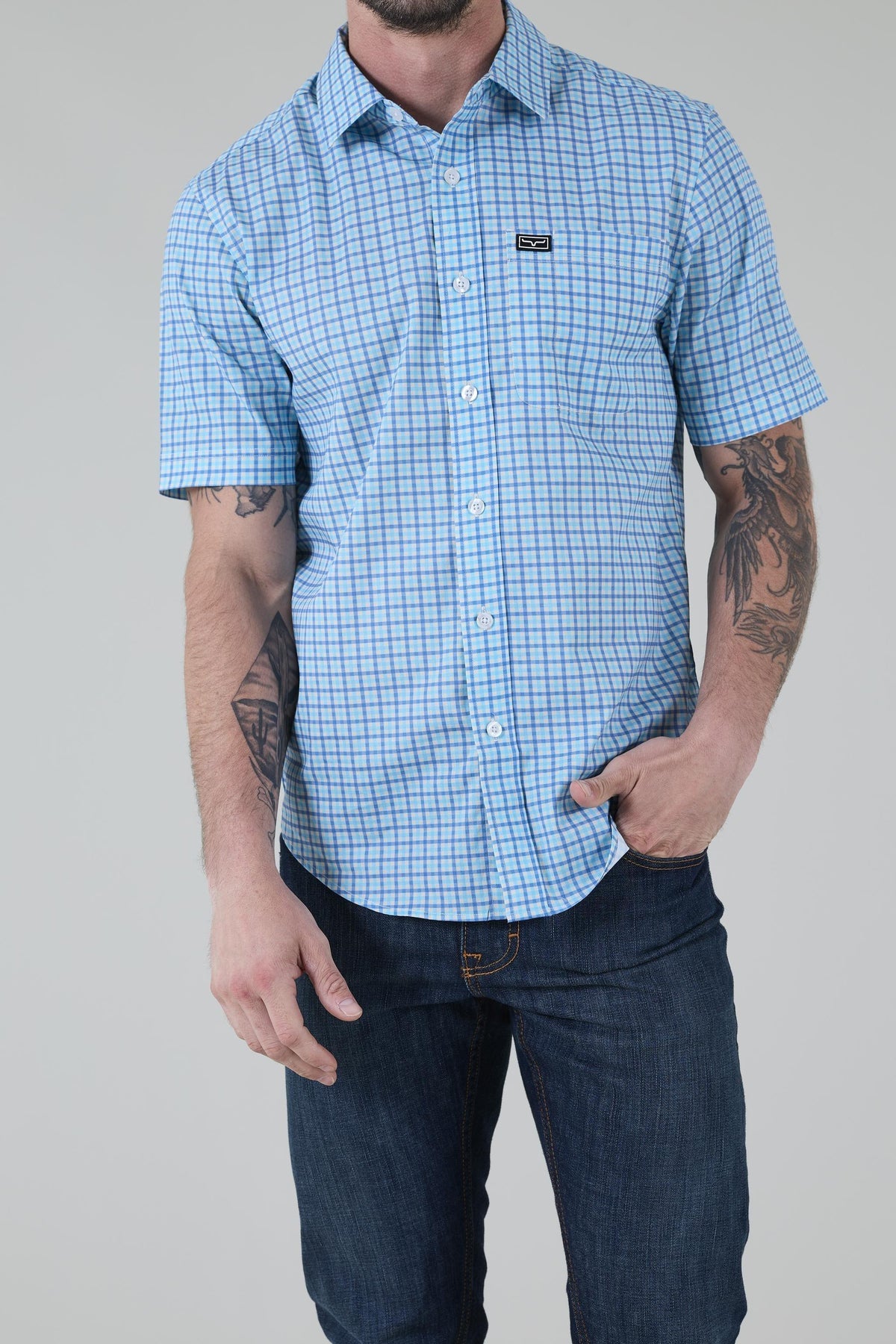 Kimes Ranch Tucco Mini Check Dress Shirt in Blue with short sleeves and a chest pocket