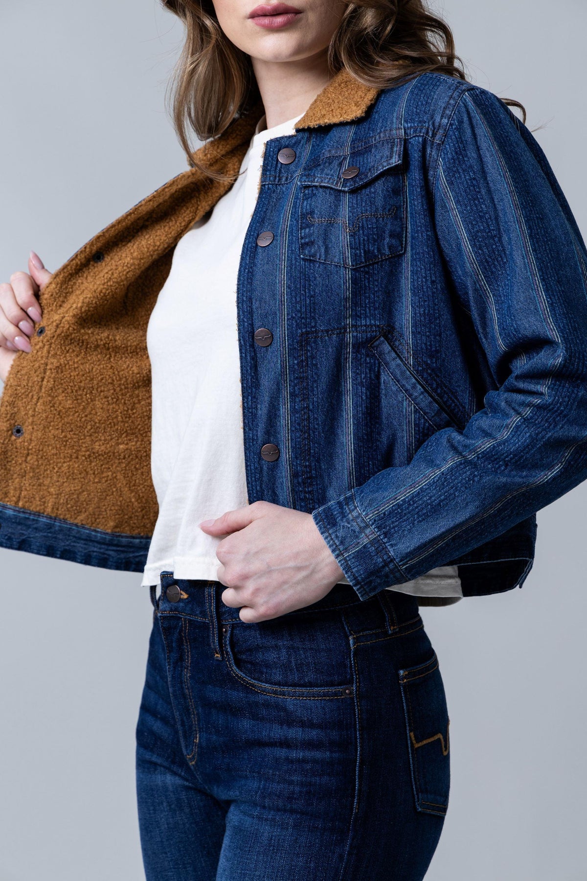 Kimes Ranch Vaquero Trucker jacket in Dark Indigo with sherpa lining and chest pockets