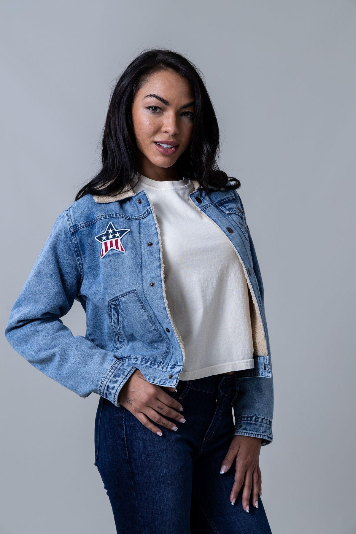 Kimes Ranch Vaquero Trucker jacket in Light Wash with a star patch and sherpa lining