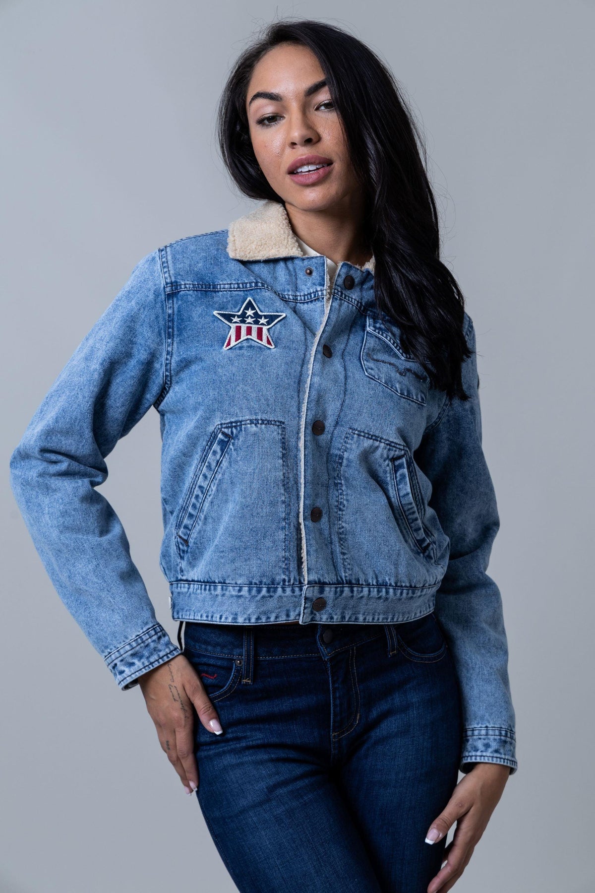 Kimes Ranch Vaquero Trucker jacket in Light Wash with a star patch and sherpa collar