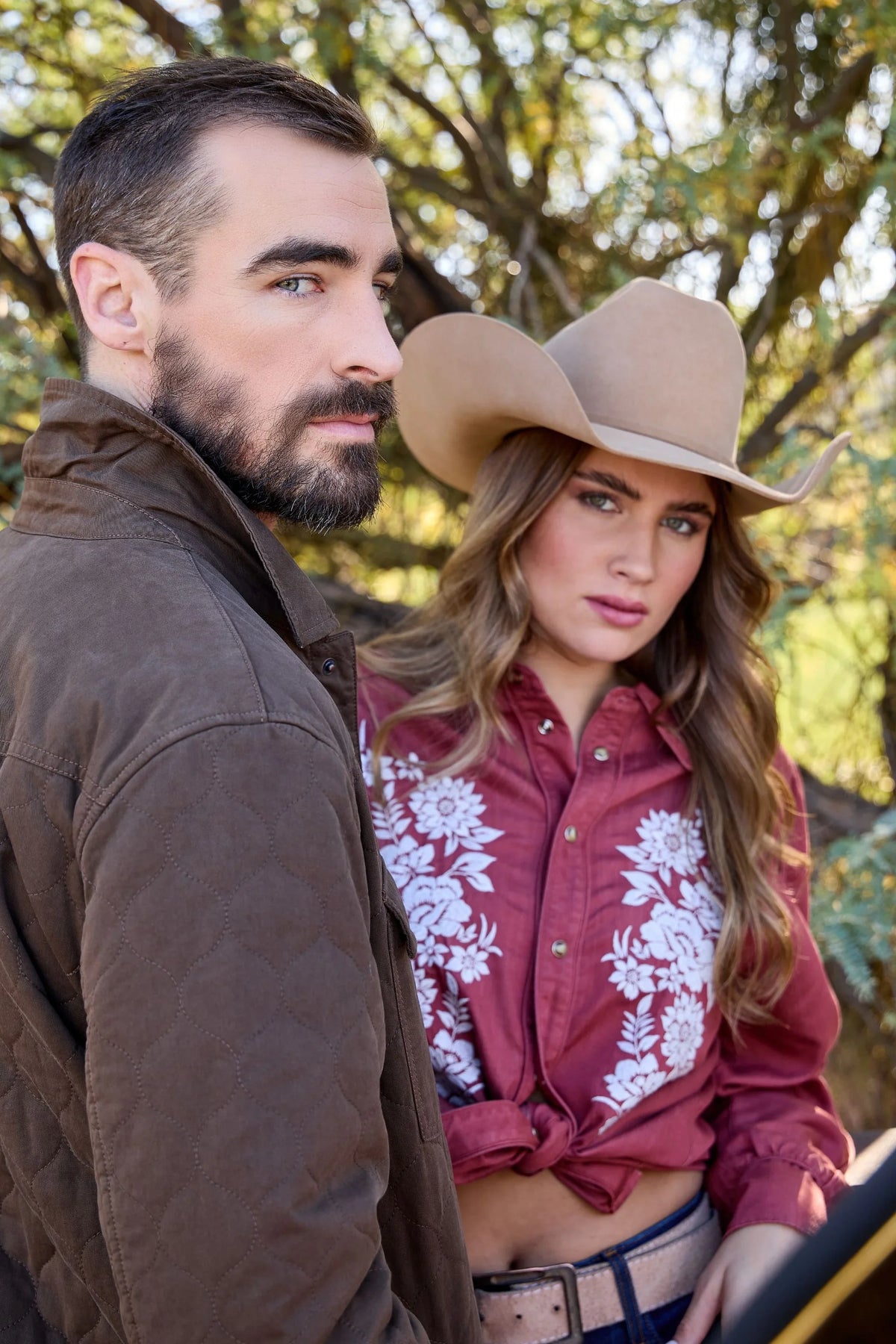 Kimes Ranch Mae top in Burnt Red with white floral embroidery and a front tie detail