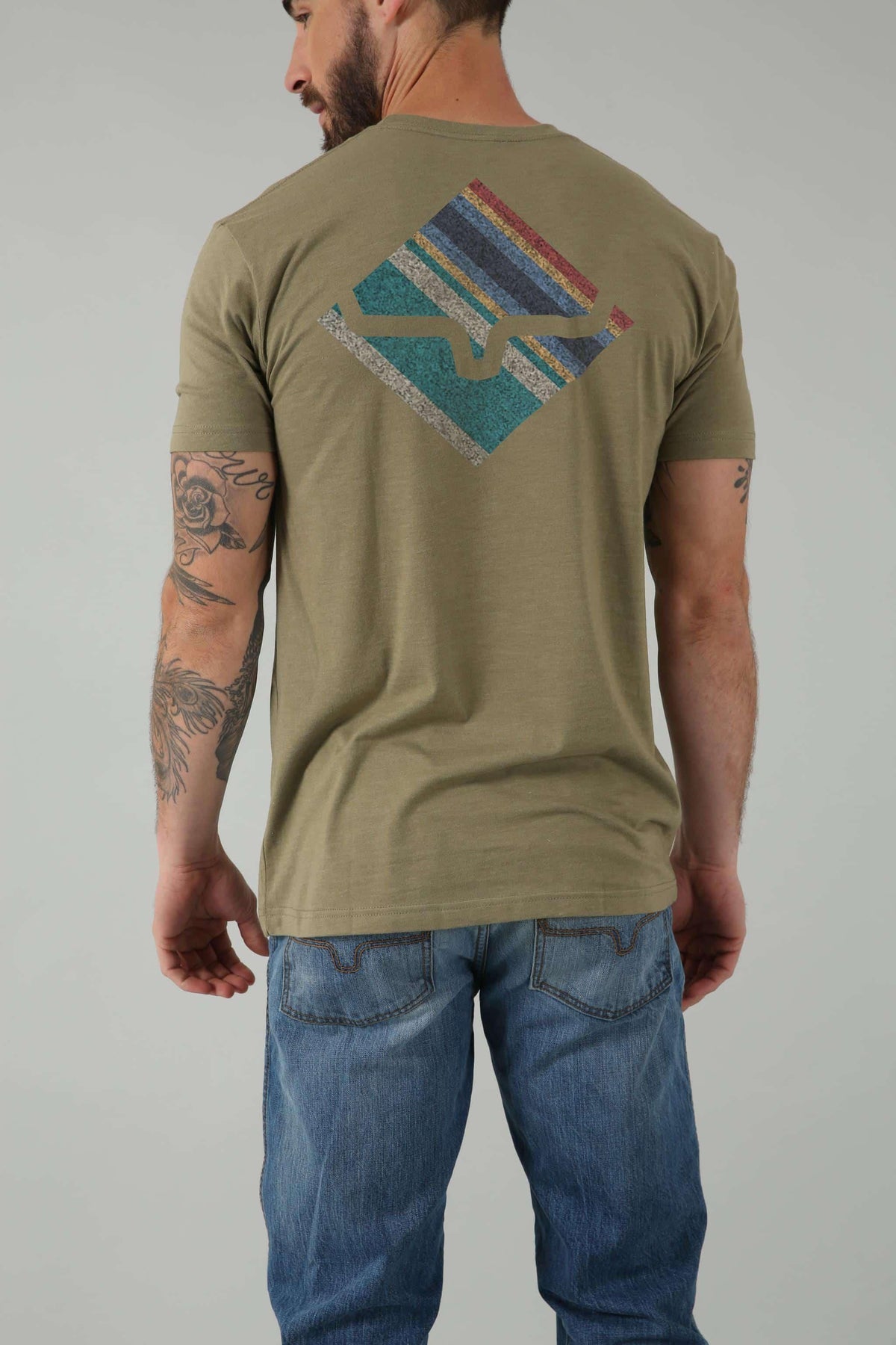 Kimes Ranch Warmth Shirt in Military Green, back view, with a large back graphic of a diamond shape filled