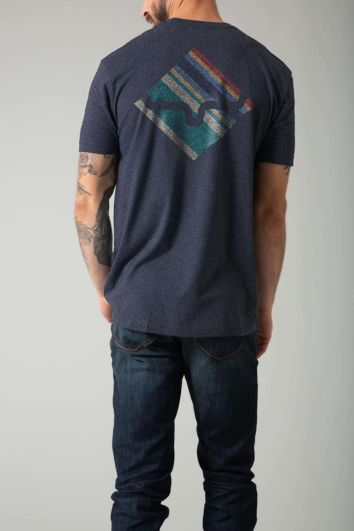 Kimes Ranch Warmth Shirt in Midnight Navy, back view, with a large geometric graphic print on the back