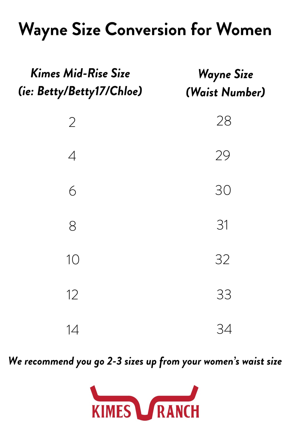 Kimes Ranch Wayne Slim Bootcut jeans size conversion chart for women with Kimes Ranch logo