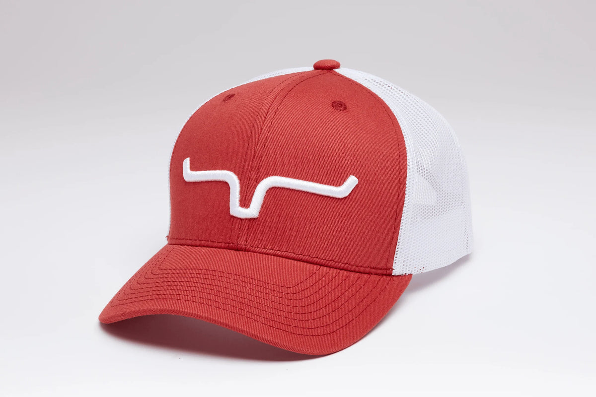Kimes Ranch Weekly Trucker Hat in Apple Red, side view, with white mesh back and embroidered Kimes Ranch logo