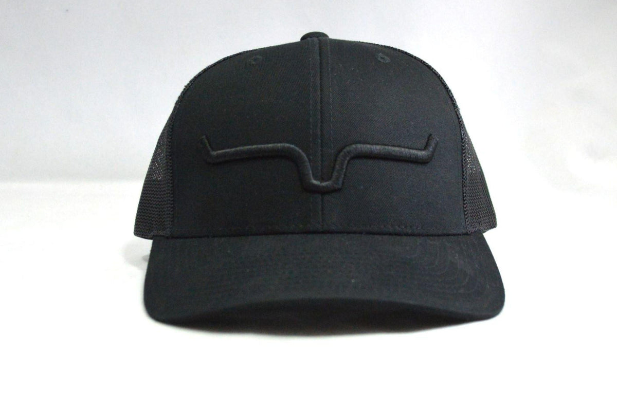 Kimes Ranch Weekly Trucker Hat in black with a tonal embroidered logo on the front panel