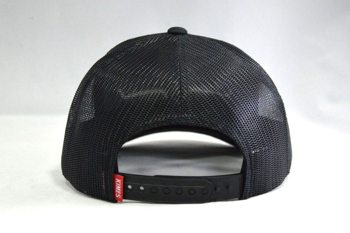 Kimes Ranch Weekly Trucker Hat, back view, in black with mesh back and adjustable snap closure