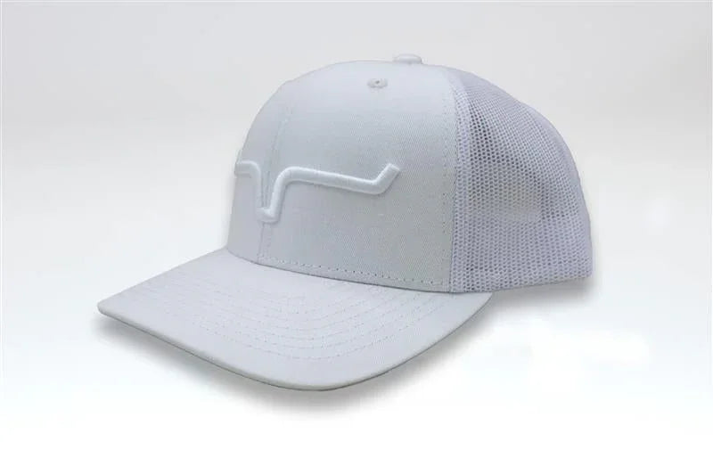 Kimes Ranch Weekly Trucker Hat in White, side view, with mesh back and embroidered logo
