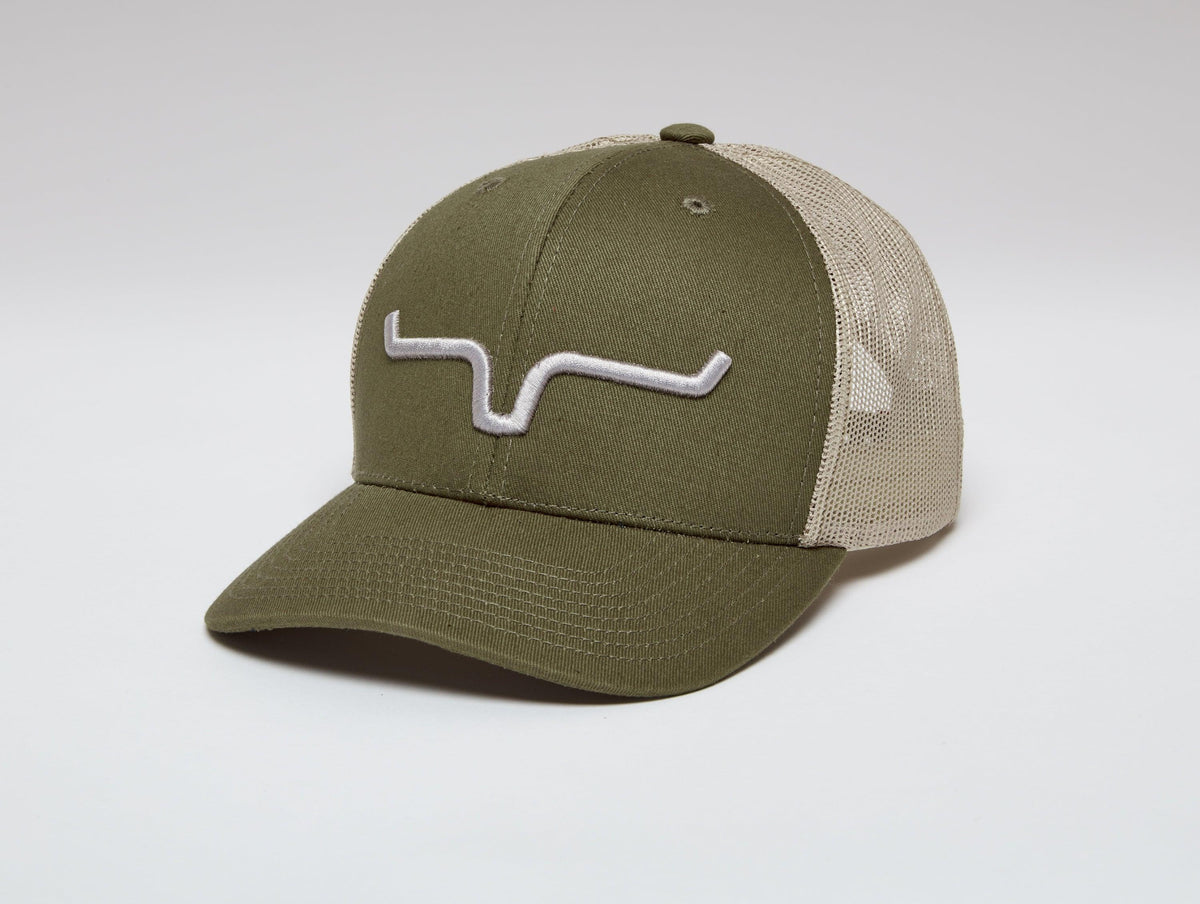 Kimes Ranch Weekly Trucker Hat in Moss/Tan with embroidered Kimes Ranch logo on the front
