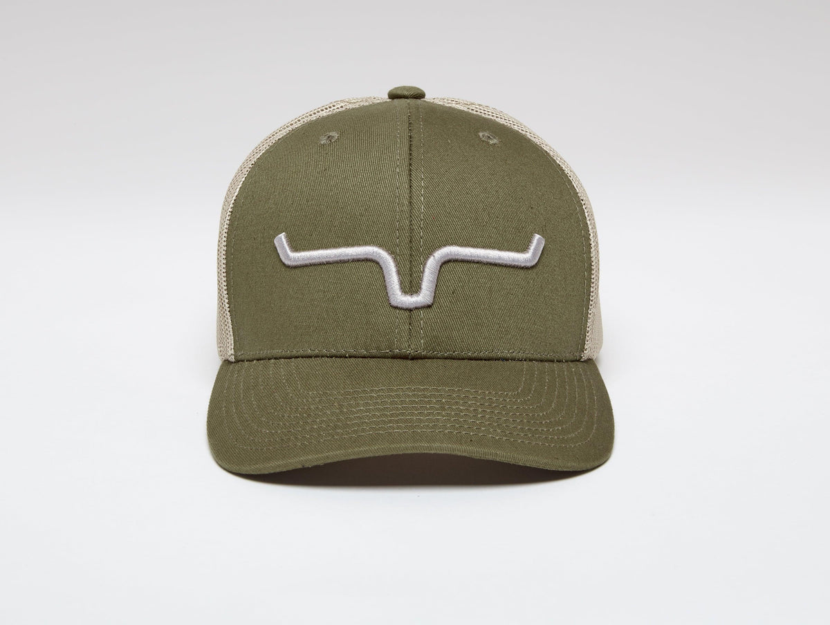Kimes Ranch Weekly Trucker Hat in Moss with embroidered Kimes Ranch logo on front panel