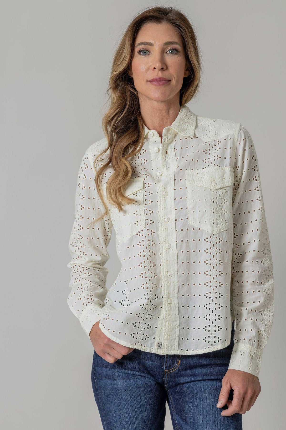 Kimes Ranch Rachel Eyelet Blouse in ivory with long sleeves and two front pockets