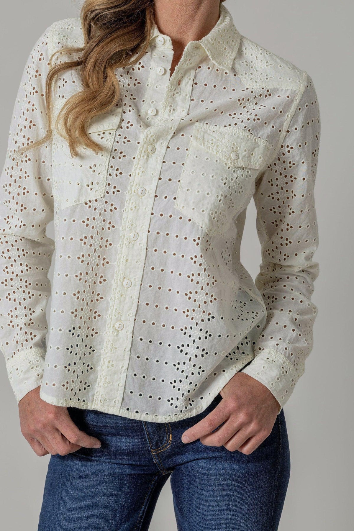 Kimes Ranch Rachel Eyelet Blouse in Pristine with long sleeves and front pockets