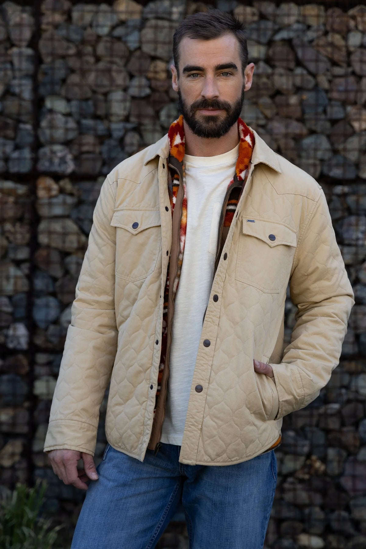 Kimes Ranch Dickson Shacket in Tan with diamond quilting and button front