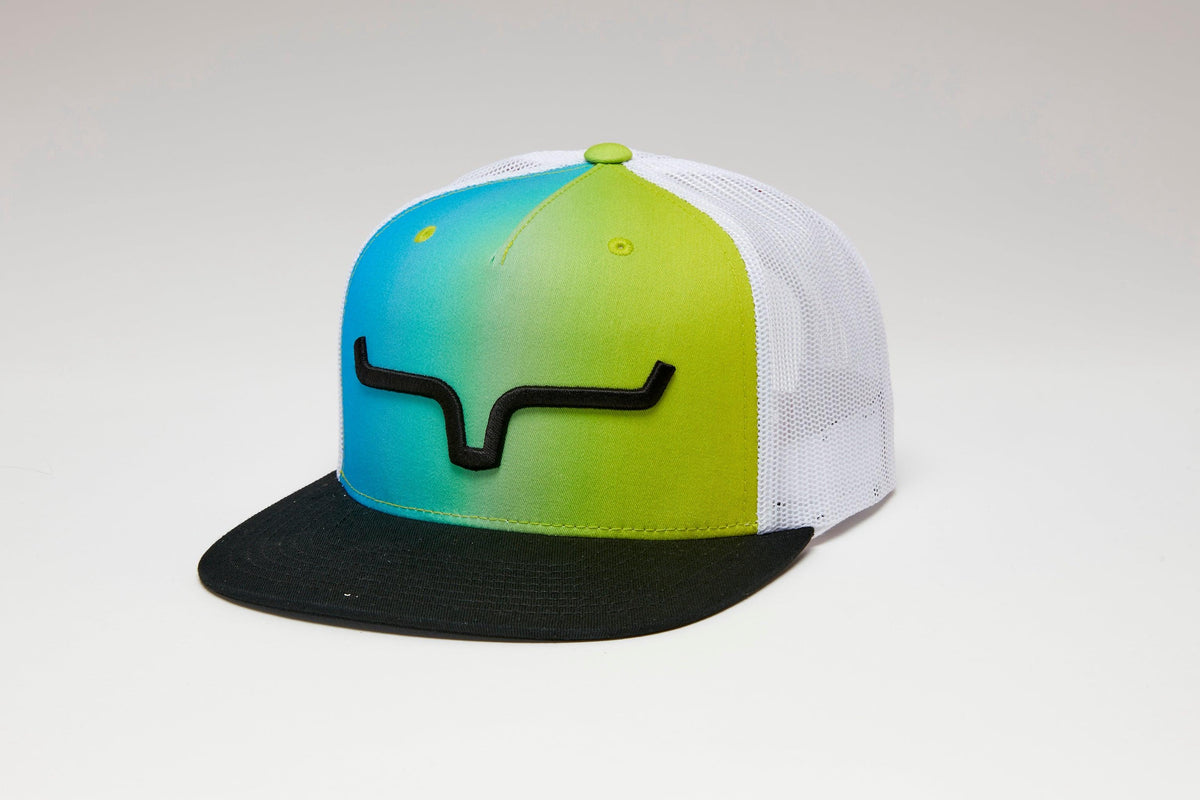 Kimes Ranch Wildstyle Weekly Hat, side view, with blue and green gradient front and black brim