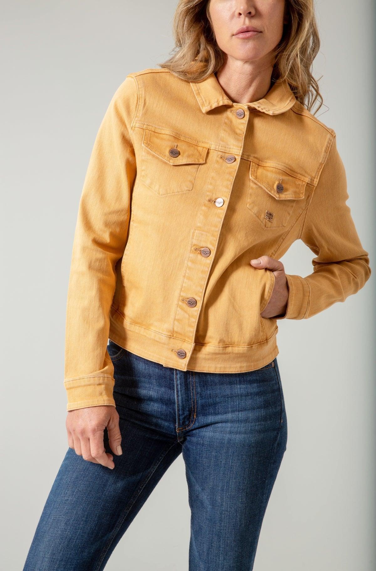 Kimes Ranch Winslow Trucker Jacket in Gold Earth with button front and chest pockets