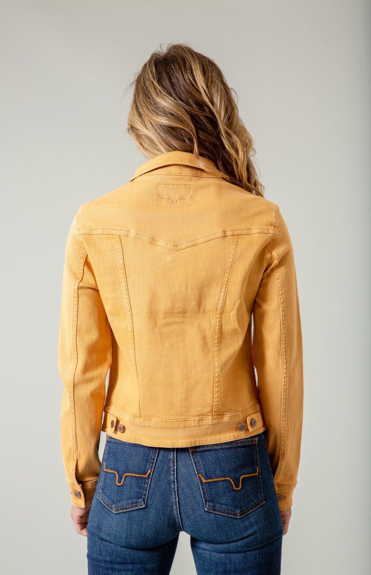Kimes Ranch Winslow Trucker Jacket in Gold Earth, back view, with back yoke and adjustable waist tabs
