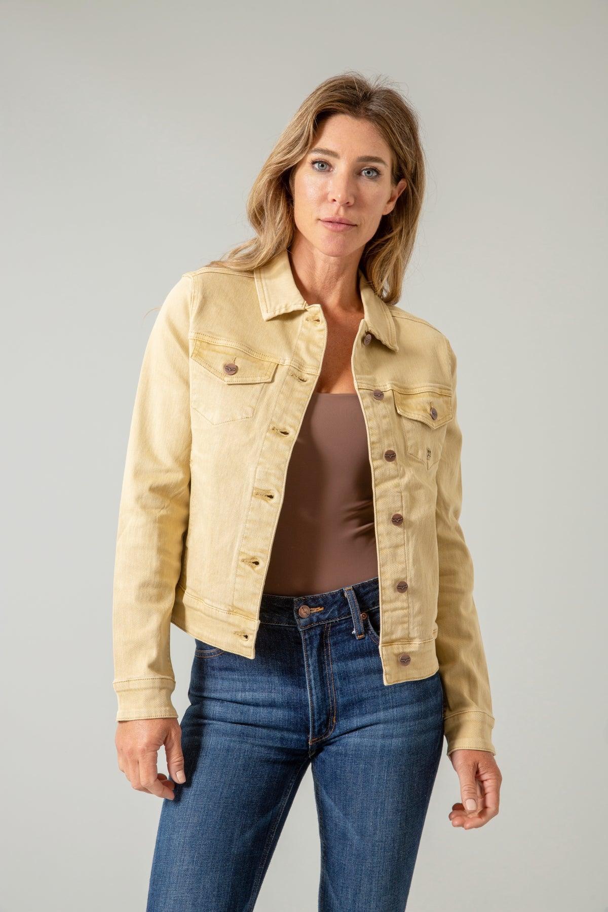 Kimes Ranch Winslow Trucker Jacket in Pale Khaki with a classic collar and button front closure