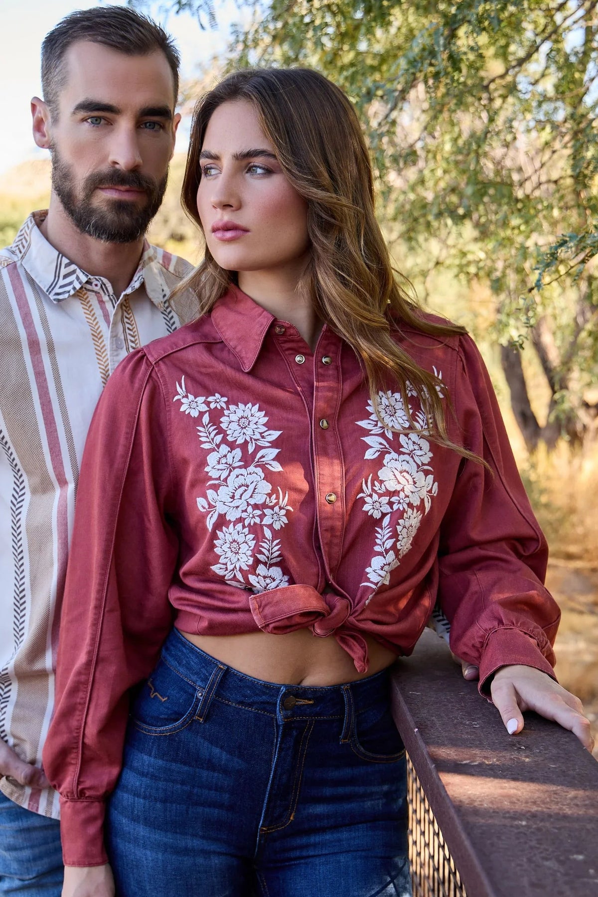 Kimes Ranch Mae top in Burnt Red with white floral embroidery and a front tie detail