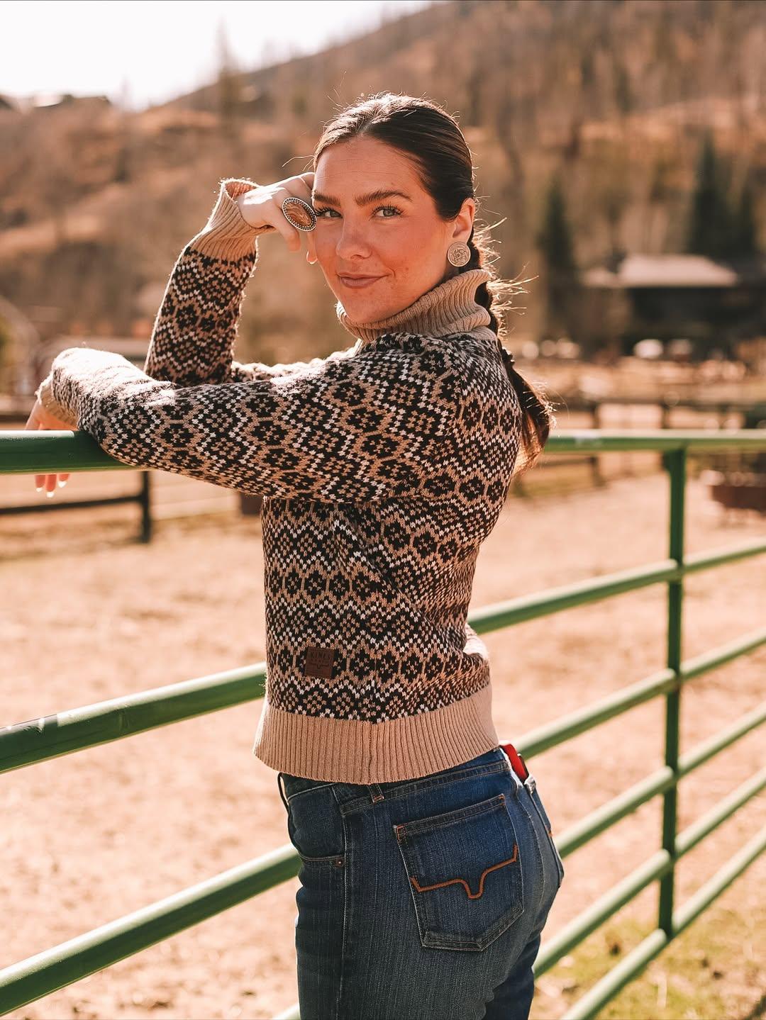 Kimes Ranch Hazel Turtleneck, side view, sweater in brown with a geometric pattern and ribbed hem
