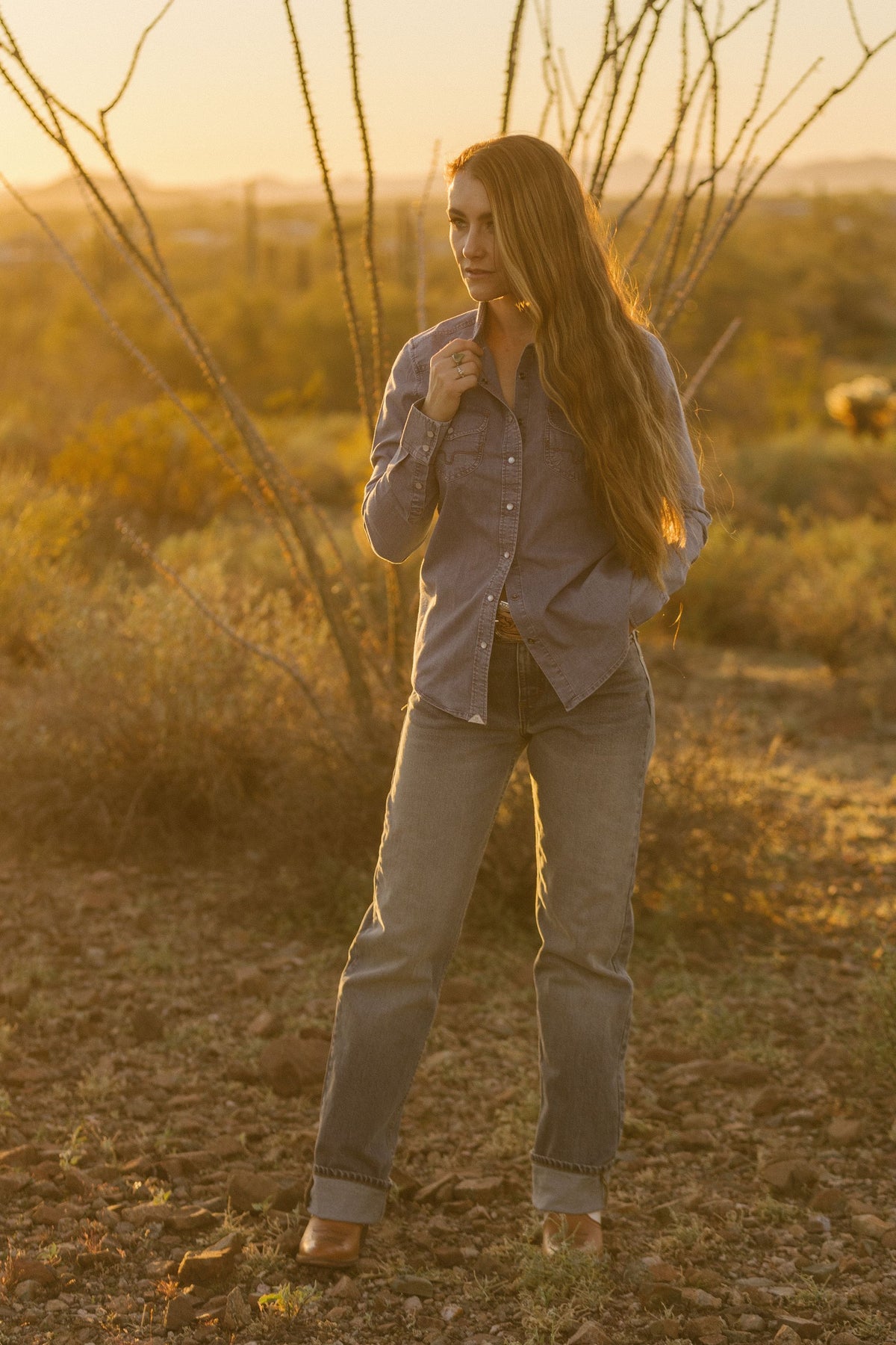 Kimes Ranch Flinn long sleeve button-up top in grey with chest pockets and a relaxed fit