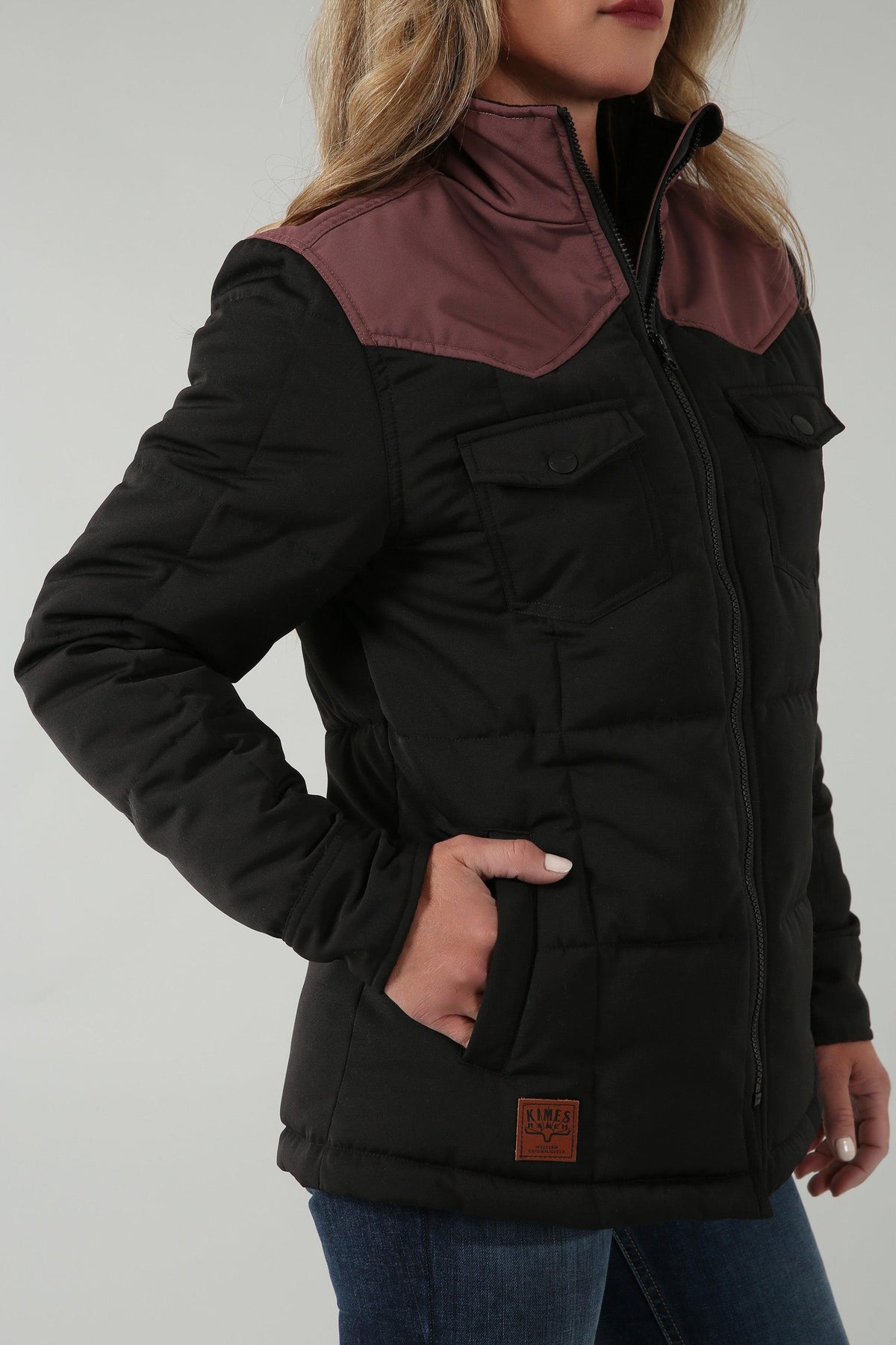 Kimes Ranch Wyldfire Jacket in Black, side view, with burgundy yoke and front pockets