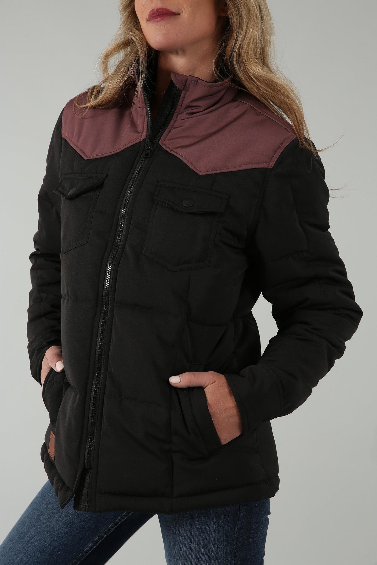 Kimes Ranch Wyldfire Jacket in Black with burgundy yoke, zip front, flap pockets and side pockets