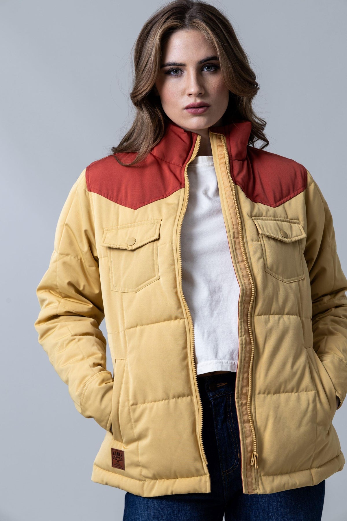 Kimes Ranch Wyldfire Jacket in Maize with red yoke and front pockets