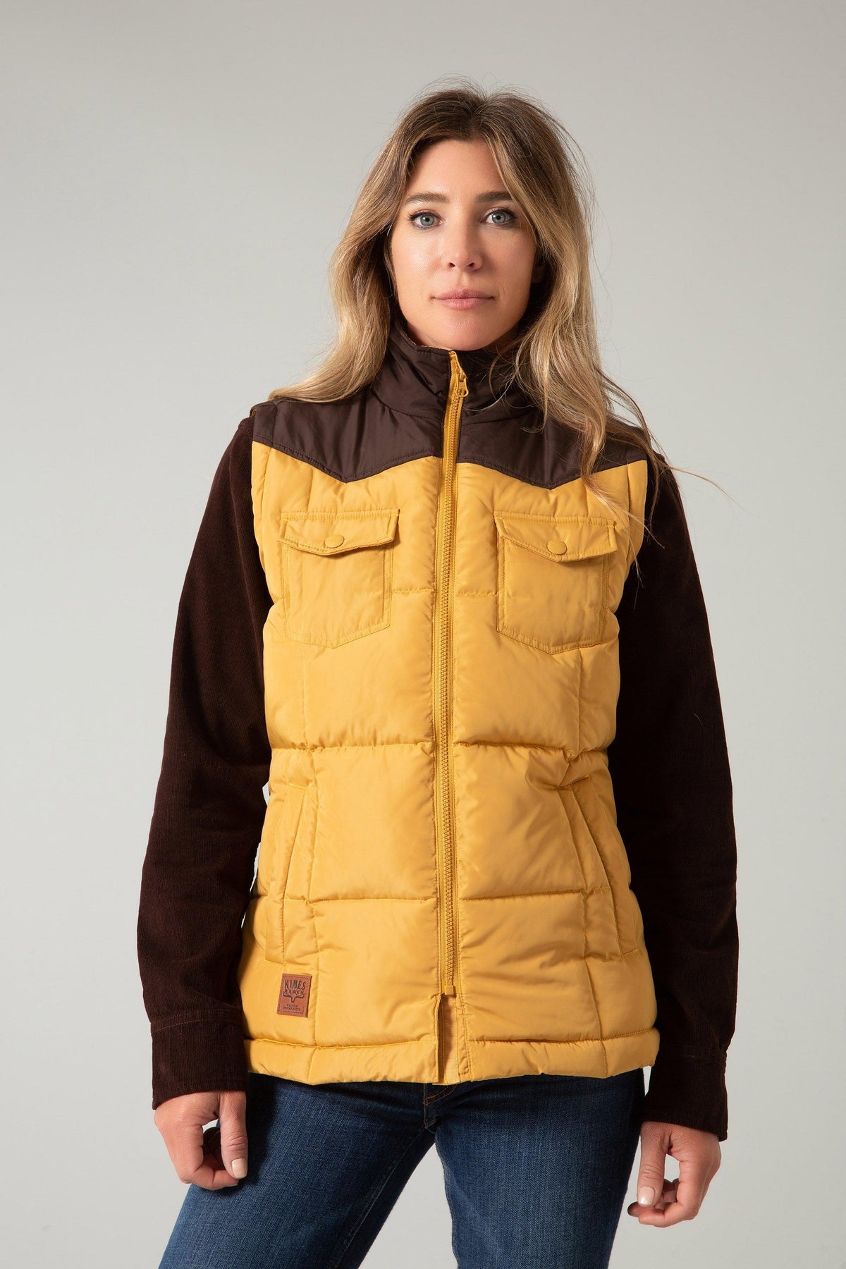 Kimes Ranch Wyldfire Vest in Mustard with brown yoke and sleeves with two flap pockets